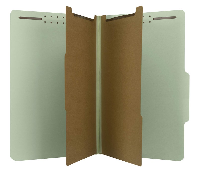 The File King Pressboard Classification Pale Green Partition File Folder | Legal Size - Box of 10 | Two Dividers | Six 2â€ Durable Fastener Prongs | 2/5 Cut Top Tab | 2â€ Expansion - Image 1